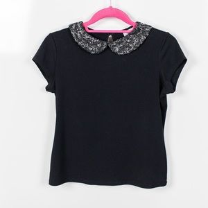 Worthington Black Sequin Peter Pan Collar Petite Top